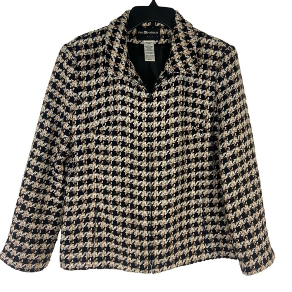 Vintage Houndstooth Zip Front Jacket Sag Harbor Size 12 Petite Timeless Classic
